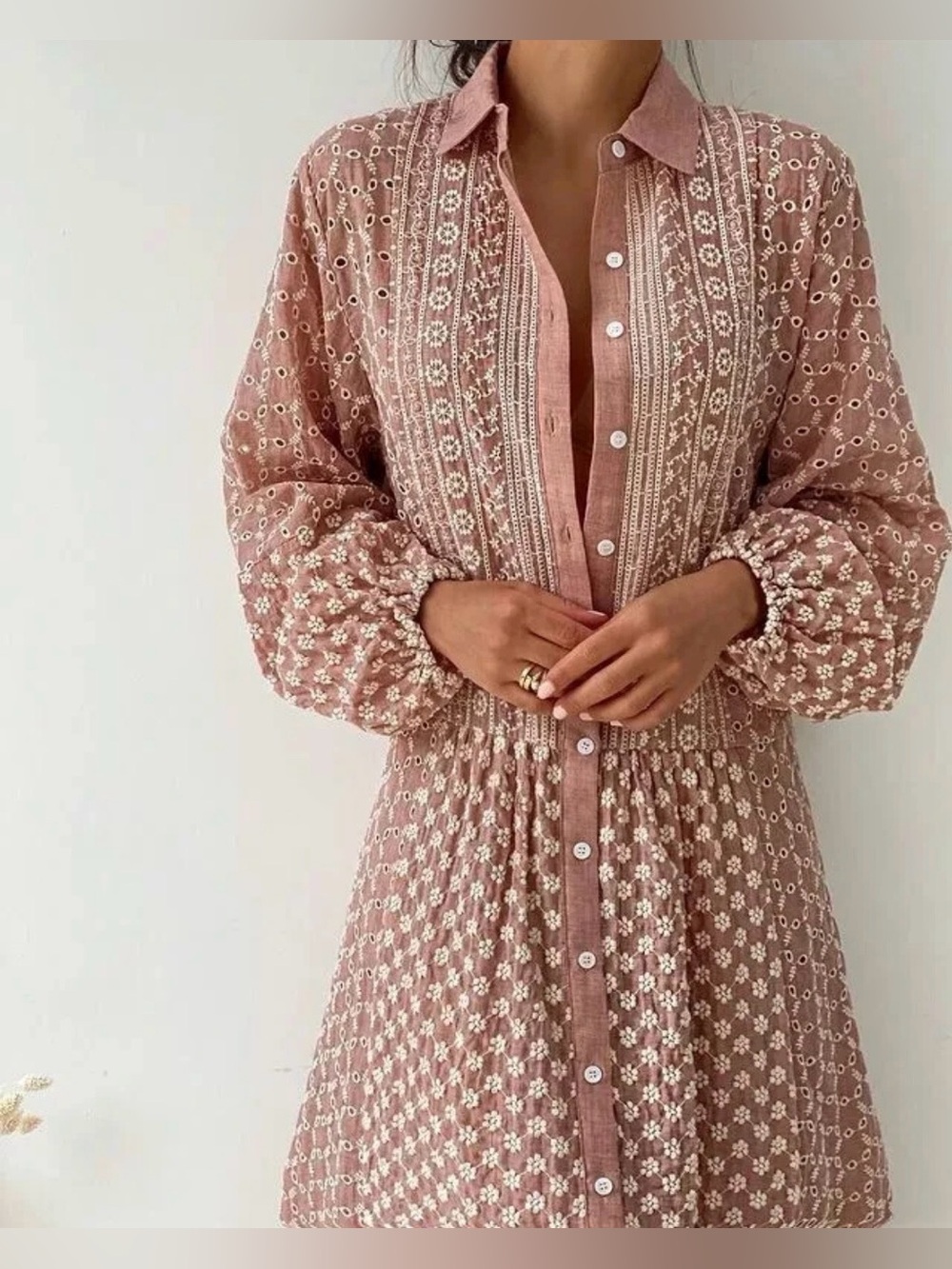 Zara Dusty Pink Embroidered Eyelet Shirt Dress | Long Sleeve Midi Dress